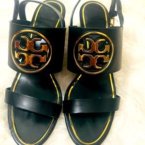 Tory Burch Metal Miller 65mm Wedge Sandals Black/ Gold 10